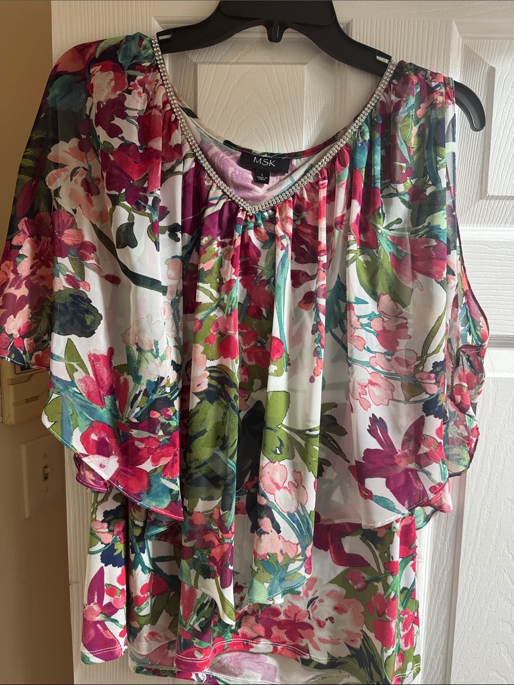 MSK Floral Cold-Shoulder Camisole with Beaded V-Neck in White, Pink, Green